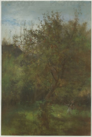 Orchard - Boy under the Apple Tree, Pruszkowski, Witold 1846-1896 painter, orchards, children, culture of Poland, Ukraine, landscapes, trees, apple trees, fruit trees, boys, Polish pastels, 1890, pastel, height 88.5 cm, width 59.5 cm, A soft, misty scene dominated by a large tree with dense foliage in shades of green, brown, and muted yellow, set against a pale blue-gray sky; the lower area shows a grassy ground in various greens with shadowed brown and dark green patches, and a faint figure near the lower right wearing muted tones of gray and brown partly obscured by the surrounding vegetation.