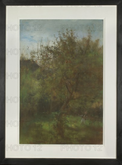 Orchard - Boy under the Apple Tree, Witold Pruszkowski 1846–1896, painter; subject: orchards, boy under an apple tree, landscapes, trees, apple trees, fruit trees; medium: pastel; date: 1890; dimensions: height 88.5 cm, width 59.5 cm; Poland/Ukraine place of origin/cultural context., A framed painting showing a leafy tree with a leaning trunk surrounded by dense foliage and grass, rendered in muted greens, browns, and touches of reddish-brown, with a pale blue and gray sky above; the scene includes darker shadowed areas and a few lighter green patches on the ground, all within a white mat and a black frame.