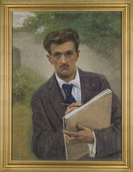 Self-portrait, Rapacki, Józef 1871–1929, male self-portrait of a painter; pastel, 1926; height 84.7 cm, width 63.5 cm; subject: portraits, painters, artists; iconography includes Rapacki, Józef; place of origin: Olszanka Masovian Voivodeship, Zyrardów County, Poland., A framed portrait of a man shown from the waist up holding a sketchbook and pencil, wearing a dark jacket and a white shirt with a dark tie, with short dark hair and a mustache, neutral facial expression, and light skin tone; the background shows a blurred outdoor scene with green foliage and muted gray sky, and the frame is gold.