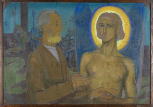 The Liberation of Saint Peter, by Jan Rembowski 1879–1923. Pastel, before 1923; height 70 cm, width 95.5 cm. Depicts Saint Peter; religious scene influenced by Jacek Malczewski and related to the artist’s compositions for multiple figures; part of the artist’s experimental shift in expression., A framed painting shows a bearded older man in brown clothing standing beside a bare-chested young figure with short hair and a glowing halo in shades of yellow and white around the head; the young figure has a neutral expression and blue eyes, and darker wings or a dark backdrop rise behind them in blue tones. The older man faces the young figure and holds or touches the young figure’s hands with both of his hands; the older man’s beard is pale yellow and his clothing includes brown and muted green shades with a white collar visible. In the background a group of seated and standing figures appear in muted greens, blues, and grayish tones, some holding long spear-like objects, and the ground sho...
