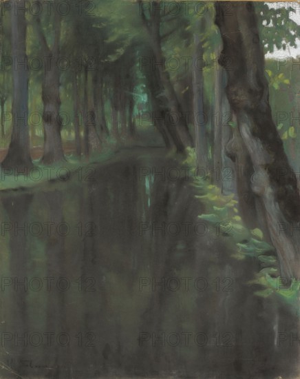 Canal in the Italian Park, Stabrowski, Kazimierz 1869–1929 painter, 1922, pastel, 64 × 51 cm; subject: parks gardens, landscapes, water; Rome; Polish pastels; inscriptions/notes: Society for the Encouragement of Fine Arts Warsaw; 1860–1940 - exhibition labels., The image shows a shaded forest scene with a dark waterway running through it, bordered by a group of tall tree trunks and a narrow strip of leafy ground. The trees display shades of dark brown and gray on their trunks, with foliage in various greens ranging from deep forest green to brighter yellow-green. The water reflects the surrounding greens and dark tones, appearing as a mix of deep green and muted blackish-gray. A few lighter green leaves cluster near the water's edge, and the overall palette includes subtle hints of teal and bluish-green in the shaded areas. The composition is dim and atmospheric, dominated by greens, browns, grays, and touches of black.