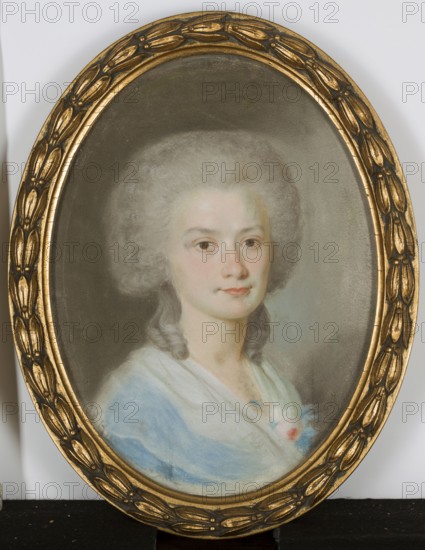 Portrait of Kamilla Szubert, attributed to Koterski Kotarski Walenty ca. 1760–post 1793 draughtsman?; pastel; 1787; women's portrait; 18th-century costume; height 22.5 cm, width 16.7 cm; inscriptions/ subjects and related persons: Szubert family members Kamilla Szubert 1765–1791; Adam Szubert 1784–1844; Michal Szubert 1787–1860; Kamilla Szubert ?–1876; Stefania Szubert 1842–1861; Józefa Szubert ?–1879; Laura Zofia Szubert 1837–1893; Julian Szubert 1827–1894; Aleksander Szubert ?–1873; themes: bourgeoisie, evangelicals; classification: women's portraits, pastel., An oval framed portrait of a person with pale skin and powdered light gray hair styled high, wearing a light blue garment and a white draped cloth, the face showing neutral expression with light pink lips and brown eyes, a small pale pink floral detail near the neckline, set against a muted gray background and surrounded by an ornate gold frame with repeating leaf-like motifs; visible colors include gold, gray, light blue, whit...