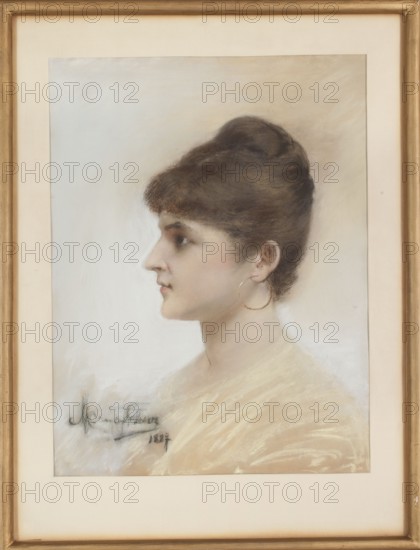 Portrait of a Young Woman in Profile Trumpeter, Maurycy 1861–1941 — painter: Léopold Méyet 1850–1912. Female portrait, pastel drawing, 1887. Subject: young woman in profile trumpeter. Dimensions: height 57 cm, width 47.5 cm. Polish; Judaica., A framed portrait of a woman shown in profile facing left, with dark brown hair styled in an updo and bangs, wearing a large hoop earring and a pale, softly rendered garment; the background and mat around the portrait are light beige and cream, the frame is golden-brown, and the portrait itself uses muted tones of cream, beige, soft pink, and brown.