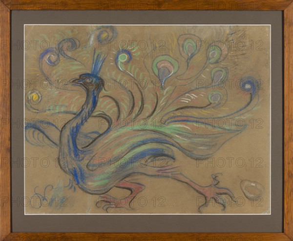 Peacock, Wyspianski, Stanislaw 1869–1907 painter / author, peacocks, decoration designs, Kraków, ca. 1898, pastel, height 47 cm, width 61.2 cm, symbolism style, social satire, artistic cafés, Poland, Polish drawings, A stylized bird with a long neck and crest is drawn in flowing pastel strokes on a brown paper background, framed by a wooden frame and a gray mat; the bird's body and feathers are rendered in blue, green, pink, and hints of yellow and white, with sweeping tail plumes that end in rounded eye-like shapes showing blue, green, and pink tones; the head and neck are darker blue with a visible eye and a curved beak, the legs and feet are pinkish with darker outlines, and there is a small rounded object near the lower edge in muted brown and white.