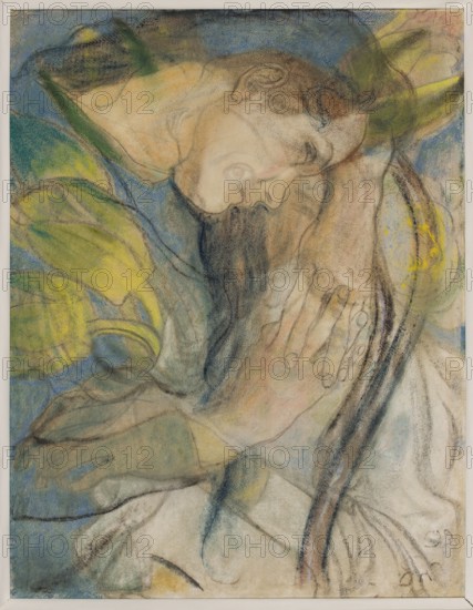 Girl leaning on the armrest of a chair; verso: Annah nude, Paul Gauguin's models, Wyspianski, Stanislaw 1869-1907 painter / author, portraits of children, Annah la Javanaise 18..-19.., female nudes, polychrome designs, Young Poland style, Poland culture, Polish painting, nudes, girls, symbolism style, filigrees, 1899, 1893 verso, pastel, drawing, height 63.5 cm, width 48 cm, A softly rendered pastel image showing a close-up of two embracing figures with intertwined arms and hands, their faces touching in a gentle, intimate pose; the figures are depicted with muted flesh tones and subtle shading, framed by flowing dark hair and long curved lines. Surrounding the figures are abstract, organic shapes in blue, green, and yellow, with areas of soft white and beige background that blend into the forms. The composition emphasizes curved contours and layered strokes of charcoal or pastel in brown, black, and gray, with occasional touches of pale pink and peach on the faces and hands. Overall t...