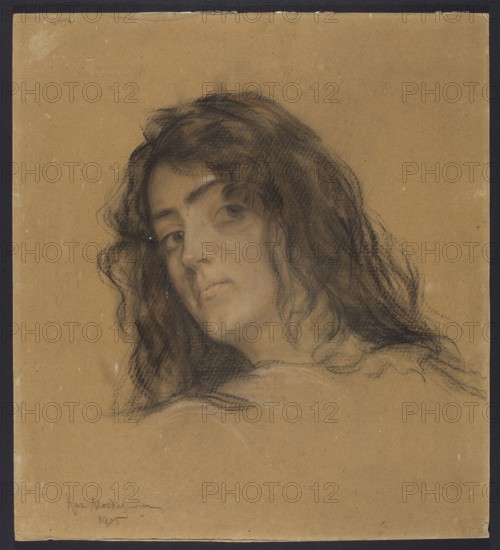 Portrait of Antonina Mazurowska, née Mordasewicz, by Kazimierz Mordasewicz 1859–1923, 1905. Pastel on paper, 49.2 × 44.4 cm. Female portrait. The portrayed person, Antonina Mazurowska called Tosia, was the sister of the artist Kazimierz Mordasewicz and the second wife of engineer Wladyslaw Mazurowski 1848–1907, a graduate of the Zurich Polytechnic; they lived in Warsaw on Krucza Street. Wladyslaw Mazurowski was co-founder, later director and president of the management board of the metalworking company K. Rudzki i S-ka, responsible for construction projects including the Poniatowski Bridge, the Mirowskie halls, churches and public buildings, and bridges in Russia including St. Petersburg and on the Siberian Railway. Culture: Poland; Polish pastels; Polish drawings., A portrait of a person with long, wavy dark hair turned slightly to the side, showing a neutral facial expression and visible eyes, nose, and lips; the face and hair are rendered with soft, sketch-like lines and shading on ...