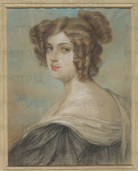 Portrait of Joanna Bobrowa after a period miniature, Mordasewicz, Kazimierz 1859–1923 painter, testamentary bequest, restitution, female portraits, Bobrowa, Joanna 1807–1889, tracings from miniatures, portraits, Bobrowa, Joanna 1807–1889 — iconography, romanticism, Poland culture, Polish drawings, Polish pastels, 1902, Warsaw, pastel, drawing, height 38.5 cm, width 30.5 cm, A portrait of a woman shown from the shoulders up in a three-quarter view, with pale skin and an oval face, light blue eyes, and slightly rosy lips. Her brown hair is styled in soft curls and gathered into a loose bun at the back, with several tendrils framing her face. She wears a draped garment with a white or pale shawl over a dark dress. The background is a soft mix of beige and muted blue tones. The image is bordered by a narrow, light-colored frame.