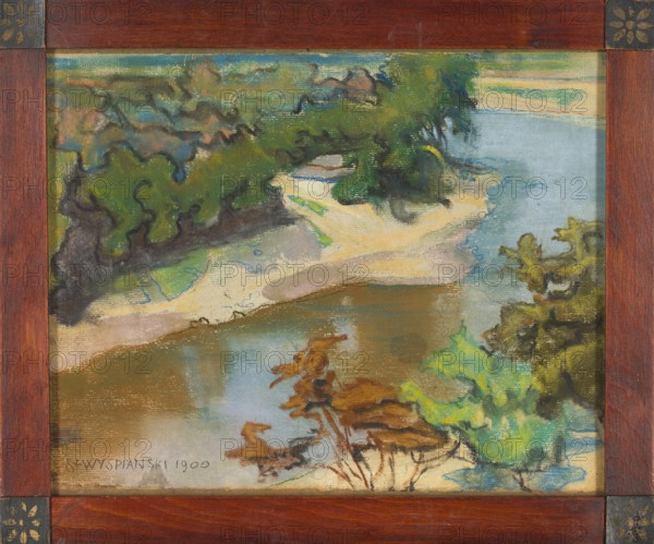 Landscape with a River; Stanislaw Wyspianski 1869–1907, painter; Young Poland style; Poland; 1900; pastel; height 23.8 cm, width 31.1 cm; riverside landscape with trees and river; inscription/notes: purchase provenance mentioned., A framed landscape painting showing a shoreline with sandy beige and pale yellow areas meeting a body of water rendered in blue and brown tones, surrounded by vegetation in various greens and olive, with darker green and blackish brushstrokes suggesting dense foliage, a few brown and rust-colored plants in the foreground, and a wooden frame in reddish-brown with decorative darker corner accents.