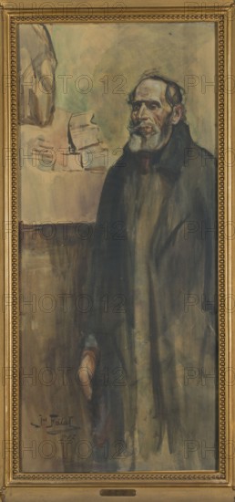Portrait of a Brother, Julian Falat 1853–1929. 1907 drawing in watercolor, height 97.7 cm, width 44.7 cm. Depicts a male portrait, en pied, peasant subject., A framed vertical painting showing a standing older man with a beard and mustache wearing a dark cloak, rendered in muted tones of brown, gray, black, and touches of pale flesh and white on his face and beard, set against a background of washed greens, beiges, and light browns; a few loose abstract shapes in pale beige and green appear behind him, and the ornate frame is gold with beaded detailing.