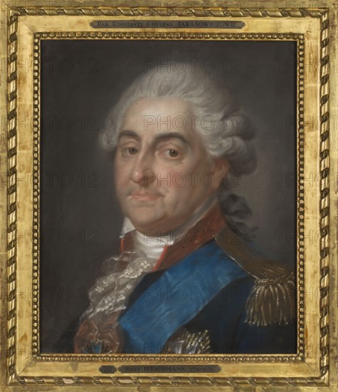 Portrait of King Stanislaw August in the uniform of a general of the Crown Army National Cavalry, by Józef Pitschmann 1758–1834. Depicts Stanislaw August Poniatowski King of Poland; 1732–1798; includes Orders of the White Eagle and the Black Eagle. Pastel, 1789; 48 × 39 cm., A framed portrait of an older man with pale gray powdered hair styled back and curled at the sides, wearing a dark blue coat with a bright blue sash and gold epaulette; his face shows a neutral expression with light skin tones and subtle reddish cheeks, and he wears a white lace cravat and a red collar visible beneath the sash. The background is a dark, muted gray, and the painting is set in an ornate gold frame with decorative rope-like and beaded trim. The visible colors include gold, blue, gray, white, red, black, pale skin tones, and a touch of brown.