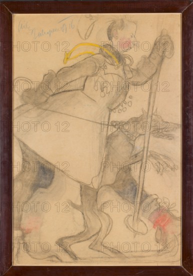 Caricature of a skier with a dog by Kazimierz Sichulski 1879–1942, 1916. Drawing, height 89.5 cm, width 61.3 cm. Subject: male portrait, social caricature; themes: skiing sport, dogs; place depicted/origin: Zakopane, Poland; style: Polish drawing., A framed pencil and colored pencil sketch on beige paper showing a figure in profile leaning forward while holding a long staff, wearing a cloak or coat and a collar with a yellow accent, with a rounded nose and pink cheeks; a large doglike creature with an open mouth and visible teeth is beside the figure, both rendered with loose, curving pencil lines and soft shading in gray and black, with a few touches of red near the figure’s hands and lower skirt area, and the frame is dark brown wood.