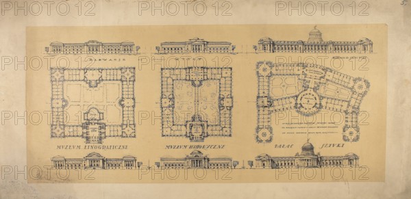LXIII Competition of the Circle of Architects for the Development of Ujazdów, Belweder, and Adjacent Areas. Ethnographic Museum, Historical Museum, Palace of Art. Elevations facing the Vistula River eastern, ground floor plans, elevations facing Ujazdowski Park western. Scale 1:500. Dygat, Antoni 1886–1949 architect/author. Competition entry, Ujazdów Warsaw; Circle of Architects Warsaw; 1899–1926; 1919. Architectural drawing; architectural design; drawing; museums; architectural competitions; Warsaw Masovian Voivodeship., The image shows an architectural drawing on an aged beige paper background with darker beige margins; there are three large square and irregular floorplan diagrams rendered in dark ink across the center area, each filled with detailed room layouts, corridors, and courtyard shapes, and a group of smaller elevation sketches of building façades above and below the floorplans; the ink lines are predominantly dark blue or black, with the paper showing tan, light brown, and...