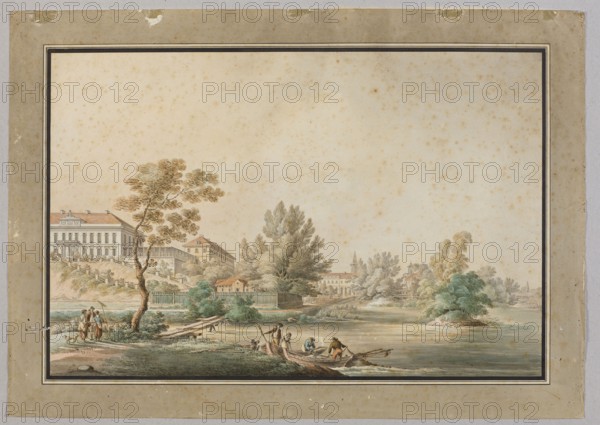 View of the palace and park in Kock from the river, Zygmunt Vogel 1764–1826, ca. 1796; watercolor drawing, height 41.7 cm, width 58.8 cm. Subject: palace, park, river, boats, fishermen; style: classicism; architecture: palaces, town views; related names: Jablonowski family residences, Szymon Bogumil Zug 1733–1807 — architecture., A wide landscape scene showing a riverbank with several small boats on the water and a group of people near the shore; a few figures are standing on a grassy bank beside a tree while others are in boats rowing or handling oars. The middle ground contains a group of trees and bushes with varied foliage, and beyond them a group of buildings including a larger multi-storey house on a raised terrace and other smaller structures arranged along the water; there is a fence and a sloping path leading down toward the river. Colors visible include beige and tan tones in the sky and paper, greens in the trees and grass, browns in the tree trunks and buildings, muted reds...