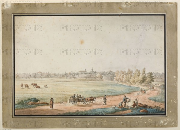 View of Kock from the road, Vogel, Zygmunt 1764–1826 painter; wanderers genre scenes, travels, carts, Kock Lublin Voivodeship, Jews iconography, towns, genre types, animals, dogs, domestic cattle, views, fields, houses, town halls, monks; ca. 1796; watercolor drawing; height 42 cm, width 58.8 cm., A wide pastoral scene shows a light beige sky over a pale green and tan meadow with a distant village on the horizon. In the foreground a dirt road colored in warm brown winds from left to right beside a pale blue stream. A few cows in brown and tan graze on the meadow to the left. Near the center a small brown horse pulls a wooden cart carrying several figures in muted clothes. A standing figure wearing a long brown coat and hat is near the left edge of the road. Closer to the right, a group of people in subdued blues, browns, and grays gather beside the road, some seated on the ground and a couple standing; a few small dogs in white and brown are nearby. Further right along the road, a smal...