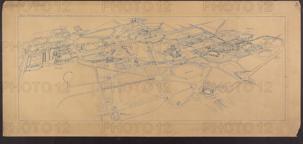Warsaw. 63rd Competition of the Circle of Architects for the Development of Ujazdów, Belweder, and Adjacent Areas. Entry No. 3. Fig. 3. Perspective view of the entire area covered by the project from a point above Czerniakowska Street at an altitude of 750 m. Sosnowski, Oskar 1880–1939, architect. Urban planning competition entry for Ujazdów Warsaw, architectural design and drawing, 1919., A flat, rectangular drawing on beige paper shows a detailed, bird's-eye architectural map of a parklike area with a network of curved and straight pathways, circular and oval open spaces, and many outlined building footprints. The drawing lines are dark gray or black and vary in thickness to depict edges and shadows; there are shaded hatching marks in darker tones within some open areas. The paper has a worn appearance with slightly darker beige margins and faint creases; the outer edges show small imperfections and a narrow darker border. The layout includes several round plazas, a few rectangular p...