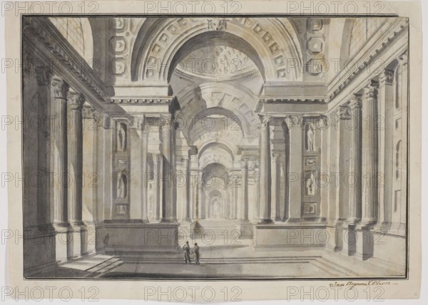 Interior with colonnades, design of theatre decoration, Jan Bogumil Plersch ca. 1732–1817 draughtsman, author; classicism; fantastic architecture; scenography; decoration designs; theatre decorations; Poland; Polish drawing; dated 1802–1813; drawing; height 27.4 cm, width 38.3 cm, An interior view of a large classical hall with a central aisle flanked by tall fluted columns and pilasters supporting a sequence of arches and a coffered barrel-vaulted ceiling, rendered in shades of gray, tan, beige, and muted brown; the space contains a series of niches with statues set into the walls, elevated platforms and steps leading toward a distant arched recess, deep shadows cast across the floor, and two small human figures standing near the foreground for scale.