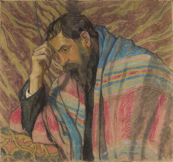 Portrait of a Man Meditating, Jan Rembowski 1879–1923. 1919. Pastel drawing, 75.5 x 79.5 cm. Depicts a pensive, grief-stricken man—possibly referring to the artist's unsuccessful war expedition when he attempted to join the Silesian Uprising in August 1919; Rembowski later enlisted in the 1st Warsaw Company, was shot down by an airplane, underwent a forced march, hemorrhaged and was hospitalized, ending his attempt at armed combat. Composition features an ornament filling the frame: colorful stripes of the blanket over the man's shoulders, wavy background shapes, a plant ornament at the bottom left, and a vibrant, curving color line. The work and Rembowski’s other pastels use the ground color to build the painting’s color range. The composition and decorative motifs are reminiscent of Wyspianski’s art., A bearded man with dark hair is shown in a three-quarter view, resting his head on his hand; his skin tones are warm with browns and ochres, and his beard and hair are dark brown to bla...
