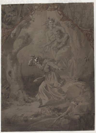 The Lady Killed the Master, illustration to Adam Mickiewicz's ballad Lilies, Ignacy Gierdziejewski 1826–1860 illustrator, ghosts, Adam Mickiewicz 1798–1855. Lilies, murders, Polish drawings, Poland culture, illustration, romanticism, death, fantasy, Nazarenes style, illustrations for poetry, apparitions, 1856, Warsaw, drawing, height 67.4 cm, width 49.2 cm, A monochromatic scene rendered mainly in shades of brown, gray, and sepia shows a dramatic forest clearing with a central figure in a flowing dress and cloak, mid-stride with one arm raised and holding a small object, and the other arm extended outward; her face is turned down and partly shadowed by a headband or circlet. Behind and above her are a few ghostly, humanlike figures with expressive faces and flowing hair or drapery, reaching toward the central figure. On the left, a large tree trunk rises with a perched small figure high in the branches, and a dog or hound stands at the tree’s base looking toward the central figure. On ...