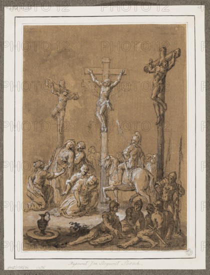 Golgotha, Plersch, Jan Bogumil ca. 1732–1817 author/illustrator; religious scene: Crucifixion of Jesus Christ Golgotha; date: 1803; medium: drawing; dimensions: height 26.5 cm, width 19.3 cm; style/culture: Polish; place of origin: Warsaw., The image shows a sepia-toned drawing framed by a white mat and a gray border, depicting three crucifixes with figures on them positioned across the upper half of the scene. Several human figures gather beneath and around the central crucifix, some standing, some kneeling, and some seated, with a group of men sitting or leaning on the ground in the foreground. A mounted soldier on a horse is near the central cross, holding a spear, while other armed figures stand to the right. A group of mourning figures, including robed individuals, cluster at the base of the left and central crosses. A dark pitcher sits on a shallow dish on the lower left area of the ground. The drawing uses shades of brown, tan, white highlights, and darker brown or black ink for...