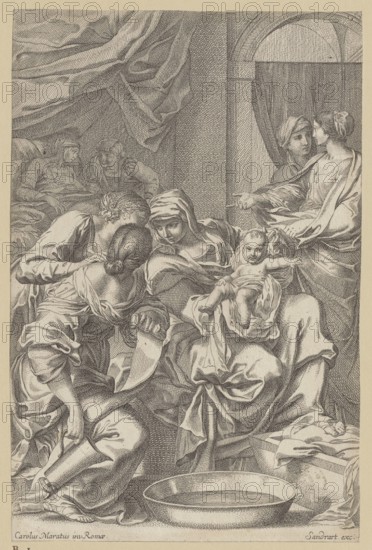 The Birth of Mary, Sandrart, Jakob von 1630-1708 creator, Maratti, Carlo 1625-1713 engraver, religious scene depicting Mary mother of Jesus Christ, The Birth of Mary iconography; subjects: birth, baths, apocrypha; copies from engravings, reverse copies; revindication provenance; print, height 21.3 cm, width 14 cm, before 1708, The image shows a detailed monochrome drawing of a group of people gathered closely indoors, with a central seated figure holding a baby wrapped in cloth; several women in draped garments lean toward each other and toward the baby, one woman appears to cradle the infant while another bends forward holding a vessel. In the foreground there is a shallow basin on the floor and nearby a box with folded cloths, and a few feet and sandals are visible beneath the drapery. In the background a curtained archway and textured wall are present, and a group of figures is partially visible further back under a large hanging cloth. The visible colors are shades of black, gray, ...
