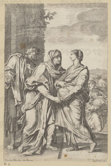 The Visitation; Sandrart, Jakob von 1630–1708 creator; Maratti, Carlo 1625–1713 engravings after / co-creator; religious scene depicting Mary mother of Jesus and Saint Elizabeth; iconography: The Visitation; reverse copies and copies from engravings; revindication provenance noted; print; before 1708; height 21.4 cm, width 14.1 cm, A detailed black-and-white engraving shows a group of figures in flowing draped clothing standing on a tiled surface, with a column and foliage visible at the left and a landscape with distant hills and clouds in the background. In the foreground two central figures face each other and hold hands, one wearing a hooded garment and the other with hair pulled back and an exposed neck; their garments have many folds and layered drapery. To the left a bearded figure stands partly behind them, leaning forward with a hand near his chest and draped clothing that falls to bare feet. To the right a seated or reclining figure looks toward the central pair, also wrapped...