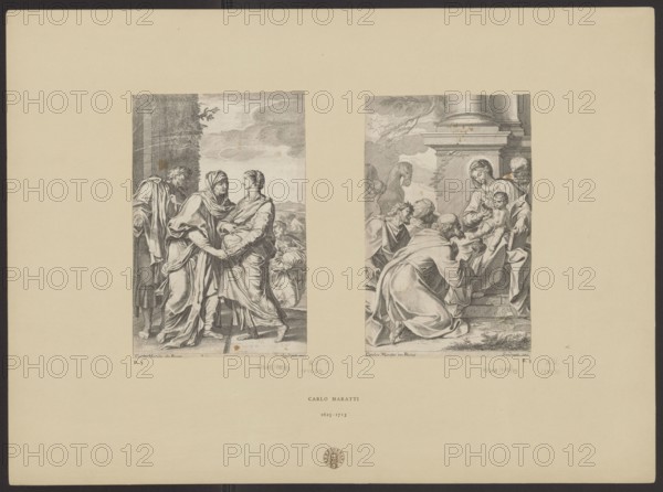 The Visitation; artist: Jakob von Sandrart 1630–1708; after Carlo Maratti 1625–1713, engraver; subject: religious scene depicting Mary mother of Jesus and Saint Elizabeth The Visitation; work type: print, reverse copy from an engraving; dimensions: height 21.4 cm, width 14.1 cm; date: before 1708; provenance note: revindication., A large cream-colored sheet with a narrow dark border contains two vertical rectangular black-and-white engravings side by side, each showing groups of robed figures in classical-style settings; the left engraving depicts a group of people in flowing garments standing on a tiled surface with drapery and an architectural column at the left and a cloudy sky and distant landscape behind them, while the right engraving shows a seated woman holding a child with several kneeling and standing figures around her, steps and a column behind them, and a horse’s head visible in the midground; overall colors visible are cream, black, gray, and a few small brownish spots on...