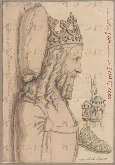 Fragment of a figure of King Casimir the Great from his tombstone in Wawel Cathedral in Kraków, Gothic style, tombstone figure of Casimir the Great King of Poland; 1310–1370, heads, kings, tombstones, Kraków Lesser Poland Voivodeship, personages, Wawel Cathedral Kraków furnishings, tombstone of Casimir the Great 14th century, sculpture, iconography of Casimir the Great, rulers, Polish personalities, drawing glued with the entire surface onto paper of similar dimensions, which is glued with the upper edge onto cardboard, drawing, card: height 14.4 cm, width 20.8 cm, cardboard: height 25.8 cm, width 35.8 cm, 1830–1884., A sepia-toned drawing shows a profile of a bearded man wearing an ornate crown and a long headpiece extending behind him; his wavy hair and beard are rendered with flowing lines and shading. He wears a garment with a strap across the chest and a draped cloak; near his hand is a patterned shoe with a diamond-like lattice design. To the right of the figure is a small archit...