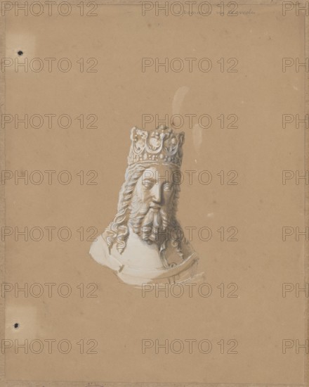Head of a figure of King Casimir the Great from his tombstone in Wawel Cathedral in Kraków; drawing on cardboard glued with the upper edge to another cardboard; Gothic style; subject: Casimir the Great King of Poland, 1310–1370 — iconography; tomb figure/head from 14th-century tombstone; draughtsman: Aleksander Lesser 1814–1884; also associated maker: Emilian Lesser 1848–1912 and Wiktor Stanislaw Zygmunt Lesser 1853–1935; sculpture artist reference; drawing, probably Kraków; dated 1830–1884; card: height 30.2 cm, width 24.0 cm; cardboard: height 34.9 cm, width 25.1 cm., A drawing of a sculpted bust of a bearded figure wearing a detailed crown, centered on a tan paper background; the bust shows long wavy hair, a full beard with textured curls, closed or downcast eyes, and a draped garment at the shoulders, rendered with white highlights and dark gray shading; the background is mostly plain tan with a few small darker spots and faint smudges, and there are small darker punched holes near...