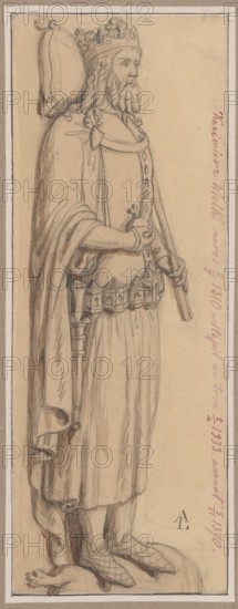 Figure of King Casimir the Great from his tombstone in Wawel Cathedral in Kraków; Gothic tomb figure of Casimir the Great King of Poland, 1310–1370, 14th century; drawing; sculpture artist; tombstone of Casimir the Great Kraków, Wawel; figures, kings, tombs, personages, rulers, Polish personalities; draughtsman: Aleksander Lesser 1814–1884; drawing dimensions: height 8.8 cm, width 23.9 cm; base: height 9.4 cm, width 24.7 cm; cardboard: height 25.8 cm, width 35.8 cm; dated 1830–1884., A tall standing figure wearing a crown and a long flowing robe is drawn in pencil and wash on beige paper; the figure has long hair and a full beard, a cloak draped over the shoulders, and holds a staff or rod in one hand while the other rests near the waist. The clothing shows decorative elements at the waist and a belt with a sheath, and the feet are shod in patterned shoes standing on a rounded base. The palette is mainly beige paper with pencil lines and brownish wash accents, and there is a narrow lig...