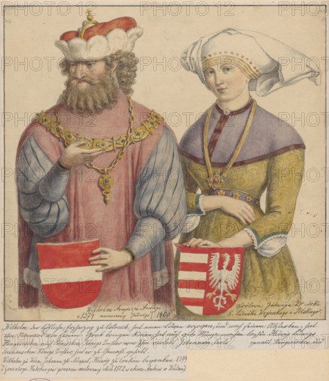 Queen Jadwiga and William the Kind, after the Habsburg portraits, Lesser, Alexander 1814–1884 draughtsman/author; Jadwiga Queen of Poland; 1374–1399 — iconography; queens; William the Kind Duke of Austria; ca. 1370–1406 — portraits, personages; 14th century; male and female portraits; polonica; Polish personalities. Drawing on tracing paper glued over a slightly larger sheet of paper, upper edge glued to cardboard. Date: 1830–1884. Medium: drawing. Image dimensions: drawing 24.5 × 25.1 cm; backing 29.4 × 25.6 cm; cardboard 35.6 × 25.9 cm., A man and a woman stand side by side against a plain beige background, both wearing historical clothing and headwear; the man has curly brown hair and a full beard, a red robe with blue-gray puffed sleeves, a fur-trimmed hat in red and white, and a large ornate gold chain around his neck, with his left hand holding a red shield with a horizontal white band and his right hand raised palm-up; the woman wears a white headdress with gold dots, a purple s...