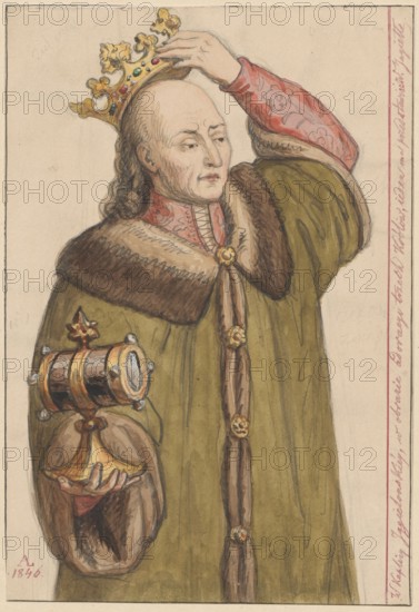 Portrait of King Wladyslaw Jagiello, after a painting in the Chapel of the Holy Cross and the Holy Spirit of Wawel Cathedral; draughtsman: Aleksander Lesser 1814–1884. Subject: Wladyslaw Jagiello King of Poland, ca. 1351–1434 — iconography of the king; copies from paintings; kings; Polish painting; Kraków Wawel Cathedral, Chapel of the Holy Cross and the Holy Spirit; Archcathedral Basilica of St. Stanislaus and St. Wenceslas. Medium: drawing, watercolor on cardboard, glued by the upper edge to another cardboard. Date: 1846. Dimensions: drawing 20.9 × 14.3 cm; cardboard 35.8 × 25.9 cm., A pale-skinned older person with a high forehead and long hair holds a golden crown above their head with one hand while wearing a long olive-green robe with a wide brown fur collar and decorative vertical trim; their other hand supports a small ornate golden object with cylindrical and rounded shapes, and they wear a red patterned sleeve visible at the raised arm. The crown has curving decorative elemen...
