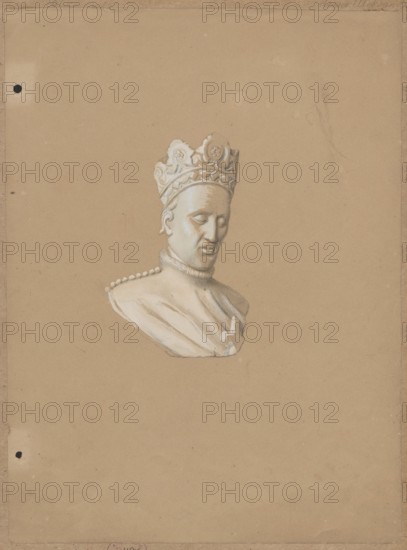 Head of the figure of King Wladyslaw Jagiello from his tombstone in Wawel Cathedral in Kraków; details, figures, Gothic style; heads; tombs; tomb figures; Wladyslaw Jagiello King of Poland; ca. 1351–1434 — iconography; Wawel Cathedral Kraków furnishings; kings; tombstones; personages; Kraków Lesser Poland Voivodeship; sculpture artist; tombstone of Wladyslaw Jagiello Kraków; Wawel; 15th century. Drawing on cardboard, glued to another cardboard by the upper edge. Drawing: height 31.9 cm, width 23.4 cm; cardboard: height 34.7 cm, width 25.2 cm. 1830–1884. Made by Aleksander Lesser 1814–1884., A drawing of a sculpted bust of a crowned figure centered on a plain tan background, showing a head with closed or lowered eyes, a detailed ornate crown with floral motifs, stylized hair at the temples, a high collar and draped garment with a row of rounded beads along one shoulder; the bust is rendered in white and light gray highlights with subtle shadowing, set against a broad expanse of light br...