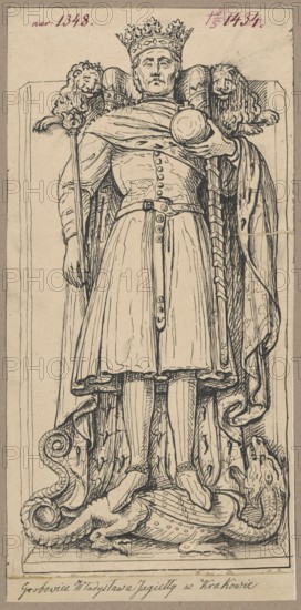 Figure of King Wladyslaw Jagiello from his tombstone in Wawel Cathedral in Kraków; Gothic tomb figure; tombstone of Wladyslaw Jagiello Wawel, Kraków; Wladyslaw Jagiello King of Poland, ca. 1351–1434 — personage and iconography; sculpture, 15th century. Drawing on tracing paper glued over paper of similar dimensions, which is glued by the upper edge to cardboard. Drawn by Aleksander Lesser 1814–1884, 1830–1884. Drawing: height 24.7 cm, width 12.1 cm; cardboard: height 35.8 cm, width 25.8 cm. Kraków probable place of origin., A black ink line drawing on a light beige background shows a full-length figure of a crowned man standing on a carved base; he wears a long robe with buttons down the front, a belt, and a draped cloak, and he holds a spherical object in one hand and a staff in the other. The crown has decorative points, and there are sculpted lion heads near the shoulders; the figure’s face has closed or downcast eyes and a neutral expression. The base beneath the figure features ca...