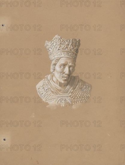 Head of the figure of King Casimir Jagiellon from his tombstone in the Chapel of the Holy Cross and the Holy Spirit of Wawel Cathedral. Gothic style. Casimir Jagiellon King of Poland; 1427–1492 — iconography; tombstone of Casimir Jagiellon Kraków. Drawing on cardboard, glued to another cardboard by the upper edge. Drawing: height 31.9 cm, width 24.4 cm; cardboard: height 34.9 cm, width 25.1 cm. Date: 1830–1884. Maker draughtsman: Aleksander Lesser 1814–1884., A detailed drawing of a sculpted bust centered on a tan background, showing a head wearing an ornate crown and a textured garment; the bust is rendered in shades of white and light gray with highlights and shadows, while the crown and garment display carved patterns and raised decorative elements; the face shows pronounced features and a contemplative expression; the background is predominantly tan with small darker spots and a few small marks in darker tones.