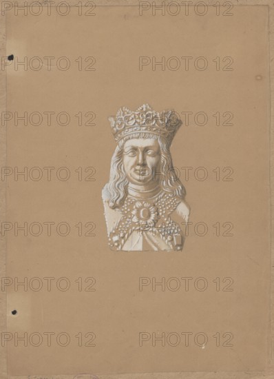 Head of the figure of King Jan Olbracht from his tombstone in Wawel Cathedral in Kraków, drawing on cardboard, glued to another cardboard by the upper edge; draughtsman Aleksander Lesser 1814–1884; depiction of King Jan Olbracht 1459–1501 — iconography, details, figure from Gothic tomb sculpture; tombstone of Jan Olbracht Wawel Cathedral, Kraków, tomb figures, heads; 16th century sculpture, rulers; drawing, 1830–1884; drawing: height 31.4 cm, width 22.8 cm; cardboard: height 34.7 cm, width 25.0 cm., A carved bust of a crowned figure is centered on a plain tan background; the bust is rendered in white and light gray tones with detailed wavy hair, a decorative crown, and elaborate jeweled clothing featuring a central floral medallion and textured ornamentation. The surrounding paper is a uniform tan with a slightly darker tan border and a few small dark spots and blemishes near the edges.