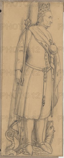 Figure of King Wladyslaw Jagiello from his tombstone in Wawel Cathedral in Kraków; drawing by Aleksander Lesser 1814–1884, draughtsman; Gothic style; tomb figure of King Wladyslaw Jagiello ca. 1351–1434, 15th century iconography; depiction includes shoes, crown, belt; medium: drawing glued across the entire surface onto paper of similar dimensions, which is glued across the top edge onto cardboard; dating of drawing 1830–1884; probable place of origin: Kraków; drawing: 9.5 cm × 24.1 cm; cardboard: 35.5 cm × 25.8 cm., A full-length pencil drawing of a robed figure in profile facing right, wearing a crown and a long cloak, holding a tall staff in one hand and a spherical object in the other; the figure stands on a decorative base featuring curled and scaled ornamental forms. The image is rendered on a tan background with visible pencil lines and shading in gray and black, and the robe, cloak, crown, staff, and base are depicted in varying tones of gray pencil on the tan paper.