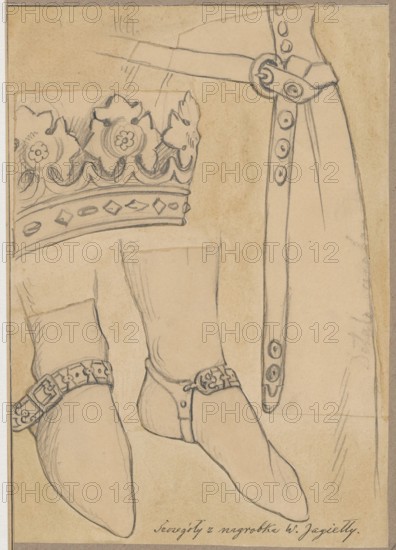 Details of the tombstone of King Wladyslaw Jagiello in Wawel Cathedral in Kraków, draughtsman Aleksander Lesser 1814–1884, details, Gothic style, tombs, kings, personages, tombstones, Wawel Cathedral Kraków fittings, Wladyslaw Jagiello King of Poland; ca. 1351–1434, Kraków Lesser Poland Voivodeship, tombstone of Wladyslaw Jagiello Kraków; Wawel, sculpture artist, Wladyslaw Jagiello — iconography, 15th century, crowns, shoes, Polish personalities, figures, belts, rulers, tombstone figures, Wawel Kraków, Archcathedral Basilica of St. Stanislaus and St. Wenceslaus Kraków; Wawel, drawing glued over entire surface onto a sheet of paper which is glued by the upper edge onto a common cardboard, 1830–1884, Kraków probably, drawing; card: height 19.3 cm, width 13.9 cm; cardboard: height 35.5 cm, width 25.8 cm., A pencil sketch on beige paper showing a crown with floral motifs and decorative band, a pair of pointed shoes with ankle straps and ornamental buckles, and a long strap with round studs...