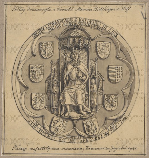 King Casimir Jagiellon sitting on a throne, according to an illustration from The Polish Chronicle of Marcin Bielski newly published by Joachim Bielski, Cracow 1597; drawn copy of an illustration after an engraving; drawing on card 16.7 × 15.6 cm mounted on cardboard 35.6 × 26.1 cm; depiction/date/maker details: Casimir Jagiellon King of Poland, 1427–1492; Marcin Bielski / Joachim Bielski associated with the chronicle, 16th century; Aleksander Lesser draughtsman, 1814–1884., A detailed monochrome drawing shows a seated crowned figure on an ornate throne under a canopy, holding a scepter in one hand and a small orb in the other, flanked by two small standing figures carved into the throne sides. The central scene is enclosed within a large circular, scalloped frame that contains several shield-shaped heraldic panels around the perimeter, each with different emblematic designs. The composition is drawn in shades of black, gray, and sepia on a beige background, with fine linework and hatc...