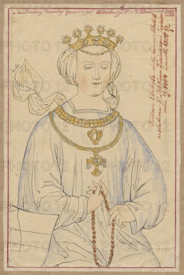 Portrait of Queen Elizabeth of Rakuszanka, after the painted old Genealogy of the Habsburgs in Vienna from 1502; drawing on tracing paper glued across its entire surface to paper of similar dimensions, which is glued with its upper edge to cardboard; drawing; card: height 23.0 cm, width 15.1 cm; cardboard: height 35.6 cm, width 25.9 cm; depiction: Elizabeth of Rakuszanka Queen of Poland, 1436–1505 — women's portrait; copies from paintings; copies of an illustration; dated 1830–1884; maker: Alexander Lesser 1814–1884 draughtsman; associated name: Emilian Lesser 1848–1912., A seated figure wearing a crown with decorative floral elements and a draped headscarf, shown from the waist up, holding a beaded necklace that hangs down; the figure wears a flowing robe with wide sleeves and layered necklaces with ornate pendants. The drawing is done with fine black outlines and subtle washes of color including pale skin tones, golden yellow on the crown and jewelry, light blue shading on the robe, ...