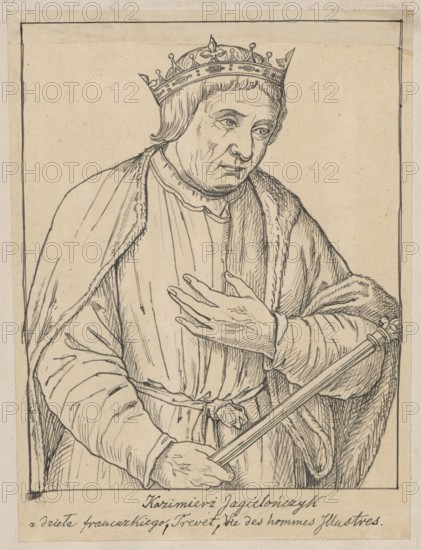 King Casimir Jagiellon, portrait after a French engraving; draughtsman: Alexander Lesser 1814–1884. Subject: Casimir Jagiellon King of Poland; 1427–1492 — iconography, copy from an engraving; male portrait, ruler. Medium: drawing on tracing paper glued over a slightly larger paper, with that sheet glued by the upper edge to cardboard. Date: 1830–1884. Type: drawing, tracing. Dimensions: drawing 20.9 × 15.6 cm; support 25.6 × 17.9 cm; cardboard 36.1 × 24.9 cm., A black and white line drawing of a crowned man shown from the waist up wearing a robe with a fur-edged cloak and a belt, his hair short and a crown with decorative points and round ornaments on his head, his right hand resting on his chest and his left hand holding a long slender staff, the face detailed with a contemplative expression and visible facial lines, the background plain with a thin rectangular border around the figure, the paper appearing aged with beige tones and slight stains.