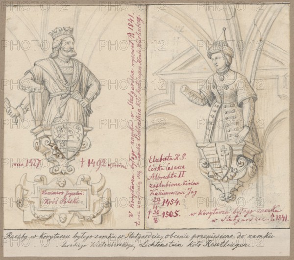 King Casimir IV and Elizabeth II of Prussia, figures on consoles after sculptures in the corridor at Stuttgart Castle, Lesser, Alexander 1814–1884 draughtsman/author. Casimir IV King of Poland; 1427–1492 — iconography; Elizabeth II of Prussia Queen of Poland; 1436–1505 — iconography. Polish personalities, rulers; kings, personages, cartouches, copies, ornaments, fittings, sculpture artist; Stuttgart Germany, Castle Stuttgart, castle Lichtenstein; Baden-Württemberg furnishings, consoles. Two drawings glued with their entire surface to a common paper, which is glued with the upper edge to cardboard. 1841. Drawing. Drawing: height 16.8 cm, width 9.2 cm; backing: height 16.9 cm, width 21.5 cm; cardboard: height 25.8 cm, width 35.8 cm., A pencil drawing divided vertically into two panels showing a crowned male figure on the left and a crowned female figure on the right, each depicted from the waist up standing on decorative pedestals with heraldic shields; the male wears a robe with a sash ...