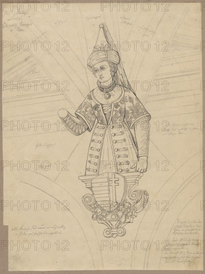 Queen Elizabeth of Rakuszanka, figure on a console after a sculpture in the corridor at Stuttgart Castle; depiction of Elizabeth of Rakuszanka Queen of Poland, 1436–1505 — drawing on tracing paper glued across its entire surface to paper of similar dimensions, which is glued with its upper edge to cardboard; 1841; drawing; drawing: height 34.8 cm, width 22.1 cm; cardboard: height 35.8 cm, width 25.8 cm; maker: Lesser, Alexander 1814–1884 draughtsman; style: consoles, copies, personages, sculpture artist; iconography: Elizabeth of Rakuszanka — queens, Polish personalities., A detailed pencil drawing on beige paper shows a stylized figure of a person wearing an ornate headdress and draped fabric, a patterned garment with decorative motifs on the shoulders and sleeves, a high collar with a circular medallion, and a fitted bodice with lacing and rows of decorative fastenings; one arm is bent with a rounded sleeve end and the other hand rests near an elaborately carved shield-like pedestal ...