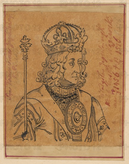 Portrait of King Wladyslaw Jagiellonczyk, bust; draughtsman: Alexander Lesser 1814–1884. Subject: Wladyslaw Jagiellonczyk King of Bohemia and Hungary; 1456–1516 — male portrait, king with crown, scepter, and royal insignia; iconography of rulers. Drawing on tracing paper glued over paper of similar dimensions, which is glued by its upper edge to cardboard. Date: 1830–1884. Technique: drawing, tracing. Drawing dimensions: 9.9 × 9.0 cm; support: 11.4 × 8.8 cm; cardboard: 35.8 × 26.1 cm. Unknown place of origin., A linear ink drawing on a brownish paper showing a crowned figure from the chest upward, facing slightly to the right, with curly hair, a detailed ornate crown, layered neck armor, and a decorative round chest plate; the figure holds a long staff topped with a floral ornament. The image has a narrow beige border and thin inner lines in reddish-pink, with a few handwritten marks along the right and left edges that are ignored, and the visible colors include brown, black, beige, an...
