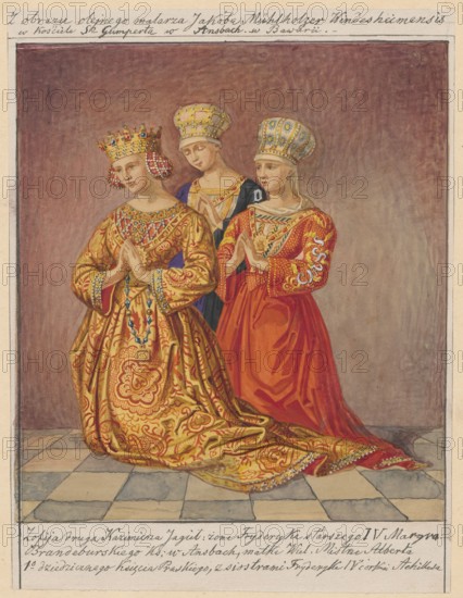 Princess Sophie Jagiellon with two sisters of her husband Frederick Hohenzollern during prayer, after an oil painting by Jakob Mühlholzer Windesheimensis in the Church of St. Gumpert in Ansbach in Bavaria; depiction of Zofia Jagiellonka Polish–Lithuanian princess, 1464–1512, copies, painting, portraits, praying, female portraits, European painting, iconography of Zofia Jagiellonka — copy from a painting by Alexander Lesser 1814–1884 draughtsman/author; drawing glued across the entire surface onto paper of similar dimensions, which is glued by the upper edge onto cardboard; medium: drawing, watercolor; date: 1830–1884; dimensions: drawing 18.9 x 17.0 cm, support 22.9 x 17.4 cm, cardboard 35.8 x 26.0 cm; unknown place of creation., Three women kneel on a checkered floor against a muted brownish background. They wear elaborate, richly patterned gowns and ornate headdresses; the left figure wears a gold and red patterned dress with jewel-like decorations and a jeweled crown, the center fig...