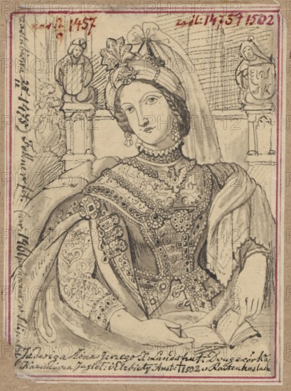 Portrait of Princess Jadwiga Jagiellon with a bird in her hand, after an engraving by Fellner from the German Almanac; draughtsman: Alexander Lesser 1814–1884. Subject: Jadwiga Jagiellon Polish and Lithuanian princess; 1457–1502. Iconography: queens, women's portrait, copies from engravings; graphic art, German graphic art. Drawing on tracing paper glued across its entire surface to paper of similar dimensions, which is glued with the upper edge to cardboard. ca. 1850. Drawing tracing. Card: height 12.3 cm, width 9.0 cm; cardboard: height 34.7 cm, width 24.8 cm., A seated woman wearing an ornate headdress with a decorative floral ornament and a veil is shown in a detailed monochrome drawing; she has a calm facial expression and wears drop earrings, a choker and layered necklaces, and a richly patterned, embroidered gown with intricate lace and jewelry-like embellishments on the bodice and sleeves, while one hand rests on an open book and the other lies across her lap; the background sh...