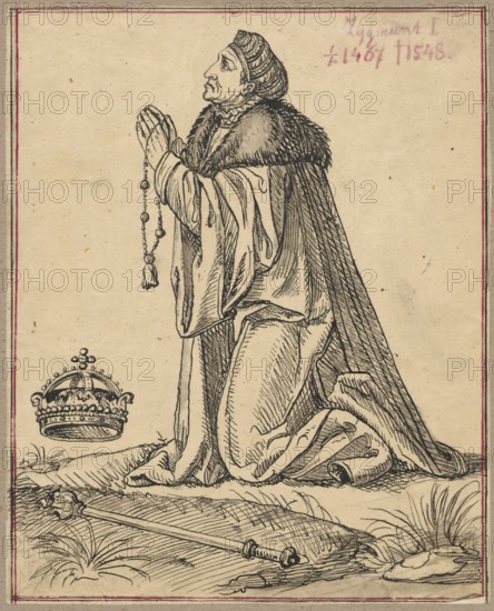 Portrait of the praying King Sigismund I the Old; drawing on tracing paper, full surface, glued along the upper edge to cardboard; 1830–1884; draughtsman: Alexander Lesser 1814–1884; subject: Sigismund the Old King of Poland, 1467–1548 — male portrait, praying, profile composition; medium: drawing on paper mounted on cardboard; dimensions: card height 19.4 cm, width 15.7 cm; cardboard: height 35.7 cm, width 26.1 cm., An ink drawing of a robed figure kneeling on a grassy ground, wearing a fur-trimmed cloak and a patterned cap, hands held together in front of the face while holding a string of beads with a tassel; nearby on the ground is a decorative crown and a long ornate staff lying across the grass; the scene is rendered in black ink lines on a beige paper with a thin double-line rectangular border in red and black.