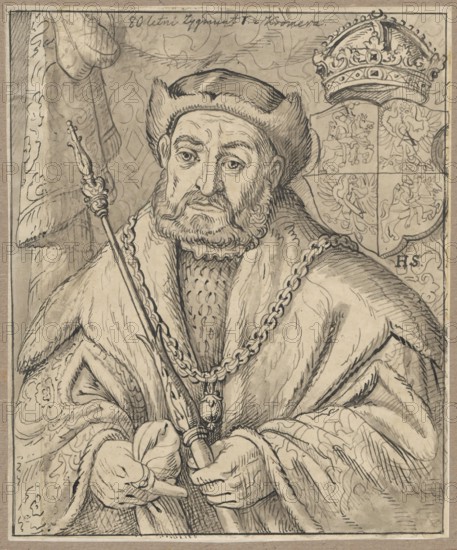 Portrait of King Sigismund I the Old at the age of 80, by Alexander Lesser 1814–1884, drawing, tracing; drawing glued on tracing paper covering the entire surface on paper of similar dimensions, which is glued with the upper edge to cardboard; card: height 20.8 cm, width 17.3 cm; cardboard: height 35.5 cm, width 26.0 cm; 1830–1884; subject: Sigismund the Old King of Poland; 1467–1548, male portrait, 16th-century ruler iconography; copies from engravings ., A monochrome ink and wash portrait of an older man shown from the waist up wearing a fur-trimmed hat and a heavy fur-lined robe with a patterned inner garment, holding a scepter and an orb in his hands; he has a beard and mustache, a solemn facial expression with detailed eyes and furrowed features, and a chain with a medallion around his neck. The background shows a decorative heraldic panel with a crowned coat of arms and ornamental patterns, and the overall palette consists of shades of brown, tan, beige, black ink lines, and gray...