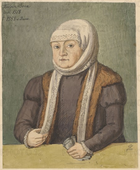 Portrait of Queen Bona Sforza, ca. 1540, after a painting by Lucas Cranach the Younger Lucas Cranach the Young, 1515–1586 by Aleksander Lesser 1814–1884. Drawing on tracing paper glued over paper of similar dimensions, the composite sheet glued by its upper edge to cardboard; watercolor. Subject: Queen Bona Sforza 1494–1557. 16th century; female portrait. Dimensions: sheet 21.8 × 17.8 cm; cardboard 35.8 × 25.9 cm. Date of drawing: 1830–1884., A seated person wearing a white headscarf wrapped around the head and neck and a dark brown garment with a fur-trimmed brown vest, pale skin, and a neutral facial expression, with visible light shading on the cheeks and forehead; their hands rest on a pale yellow surface, one hand holding a rolled object, both hands showing lace cuffs; the background is a muted green with textured brushwork and the overall palette includes white, brown, beige, pale yellow, muted green, and touches of gray.