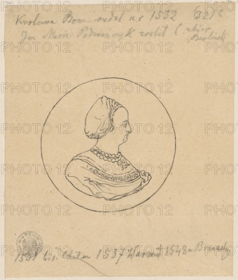 Portrait of Queen Bona Sforza in profile, after a medal by Giovanni Maria Padovano, Giovanni Maria Mosca 1493–ca.1573 author of the original, Aleksander Lesser 1814–1884 draughtsman/author. Subject: Bona, Queen of Poland 1494–1557. 16th century; iconography, portrait, tracing of a medal, portrait of a woman, sigillography/medallism. Drawing on tracing paper glued with edges to cardboard. Drawing: 13.1 × 10.8 cm; cardboard: 34.8 × 25.1 cm; 1830–1884., A simple line drawing on beige paper shows a circular medallion containing a profile bust of a person facing right wearing a headscarf or wrapped cloth and a layered garment with decorative folds and a beaded necklace, rendered in thin black lines; the surrounding paper shows faint pencil marks and a round stamp near the lower left, with visible small speckles and slight paper creases, in colors beige, black, and a faint grey from pencil.