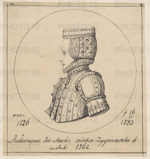 Portrait of Queen Catherine Jagiellon in profile, after a medal by Giovanni Maria Padovano; Mosca, Giovanni Maria 1493–ca.1573 author of the original, Lesser, Alexander 1814–1884 draughtsman. Catherine Jagiellon Queen of Sweden; 1526–1583. 16th century; iconography: personages, portraits, female portraits, profiles; sigillography; copies from medals. Drawing on tracing paper glued with its entire surface to paper of similar dimensions, which is glued with its upper edge to cardboard. Date: 1830–1884. Place of origin: unknown. Medium: drawing, tracing. Drawing: H 10.4 cm, W 9.7 cm; Cardboard: H 35.8 cm, W 26.2 cm., A hand-drawn profile portrait of a person facing left, enclosed within a circular border on a rectangular sheet, rendered in black ink on a beige background. The figure wears an ornate headdress with a square top and a patterned side panel, and a high ruffled collar. The clothing includes a detailed, decorated bodice and shoulder pieces with vertical striping and small orname...